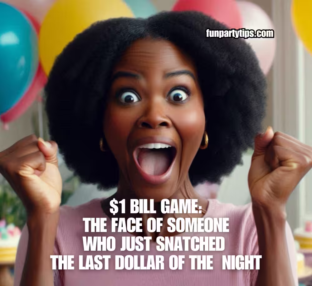 A-black-woman-cheers-victoriously-at-a-party,-holding-her-fists-in-the-air,-after-winning-the-last-dollar-in-the-$1-bill-game,-highlighting-the-excitement-of-this-easy-and-fun-party-game-for-large-groups.