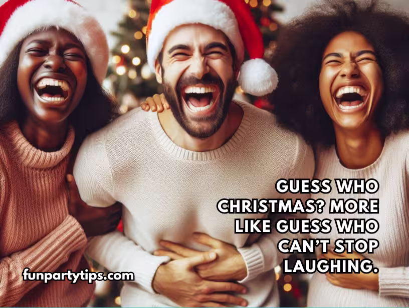 Three-friends-wearing-Santa-hats-laughing-uncontrollably-together-against-a-background-of-blurred-Christmas-lights.-Text-reads-"Guess-Who-Christmas?-More-like-guess-who-can’t-stop-laughing."-Captures-the-joy-of-the-guess-who-christmas-game,-a-family-friendly,-large-group-holiday-game-that-brings-smiles-and-laughter-to-everyone.