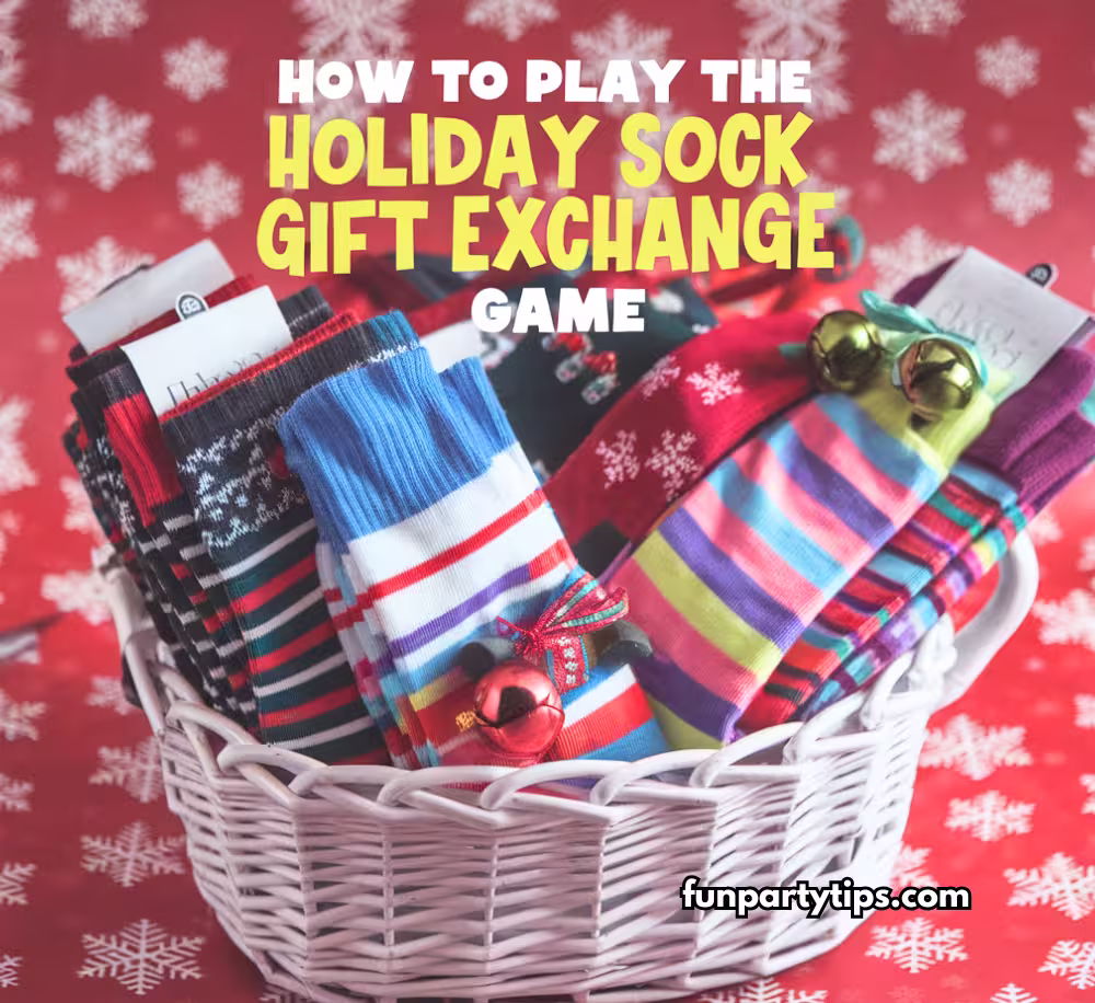 A-basket-filled-with-colorful-Christmas-socks-and-gift-tags-ready-for-a-holiday-sock-exchange-game,-against-a-red-festive-background.