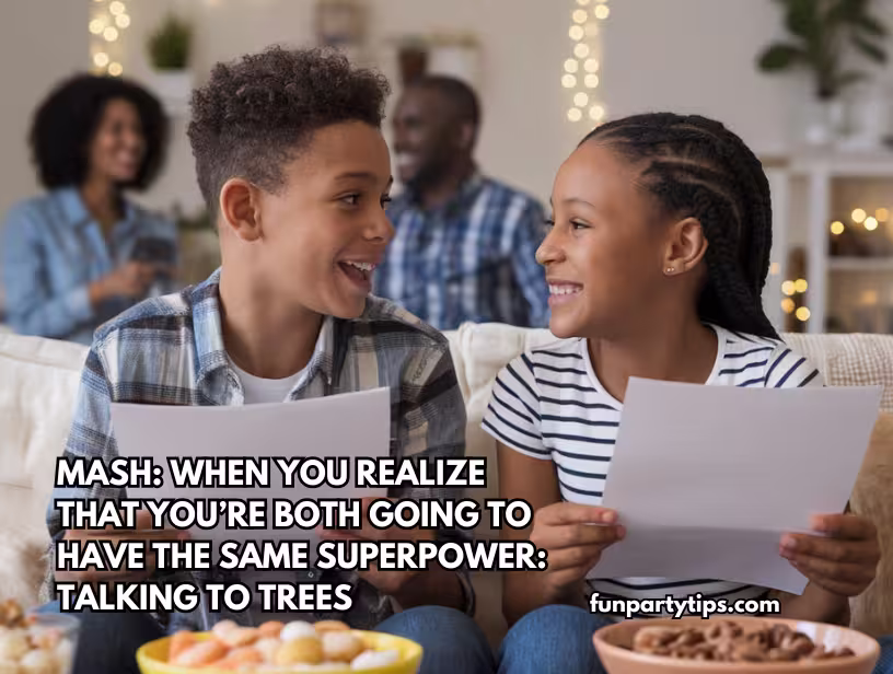 An-African-American-tween-boy-and-girl-laugh-together-holding-sheets-of-paper-in-a-cozy-living-room-with-parents-smiling-in-the-background.-Family-fun-night-at-home.