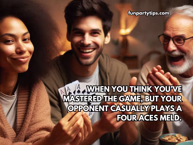 Three-people,-a-young-couple-and-an-older-man,-laughing-together-during-a-game-night-where-a-surprising-Pinochle-four-aces-meld-occurs.