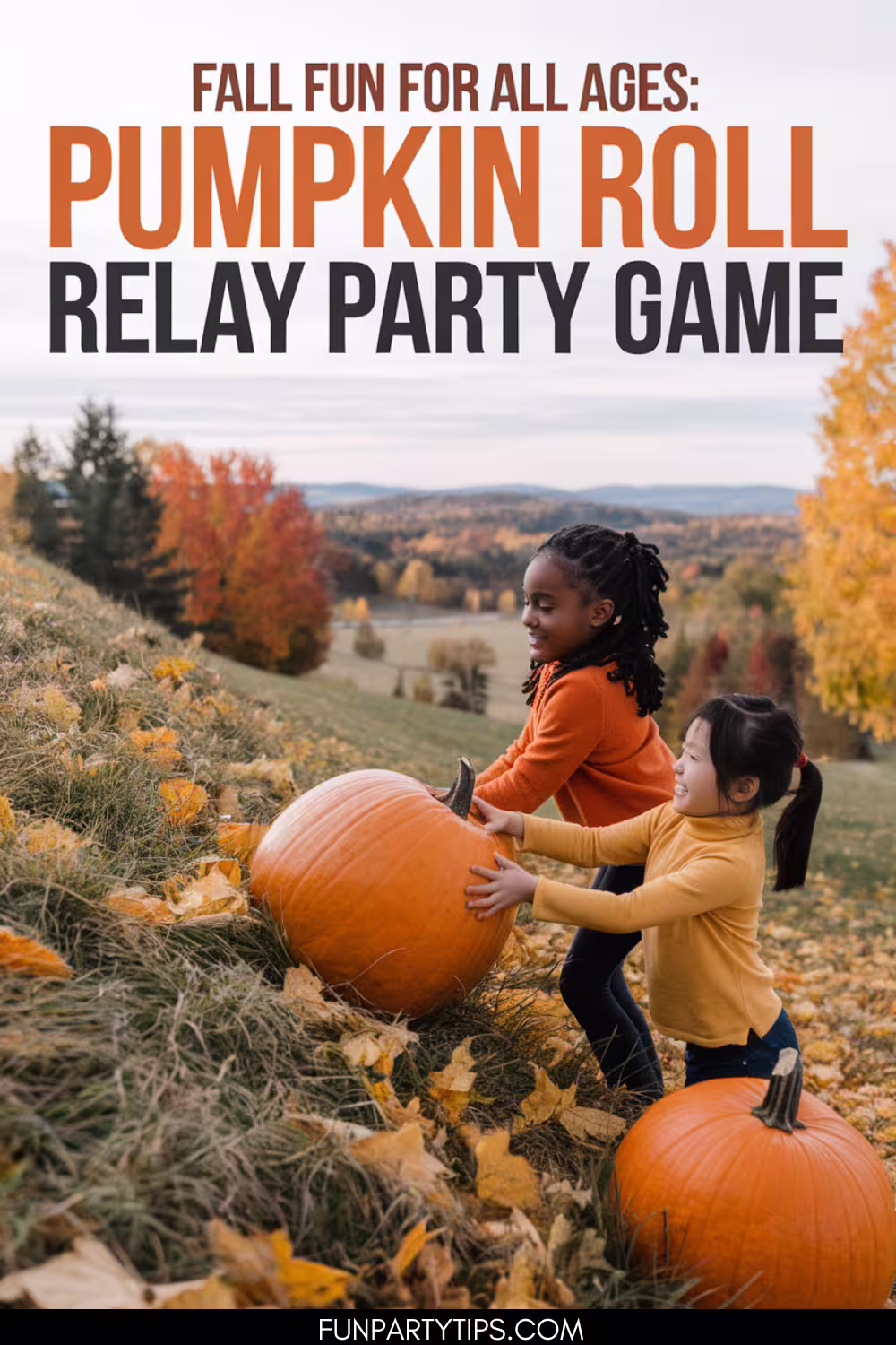 Two-young-girls-push-a-large-pumpkin-down-a-hill-amidst-autumn-leaves,-capturing-the-spirited-competition-of-the-pumpkin-roll-relay,-a-fun-fall-game-enjoyable-by-people-of-all-ages.