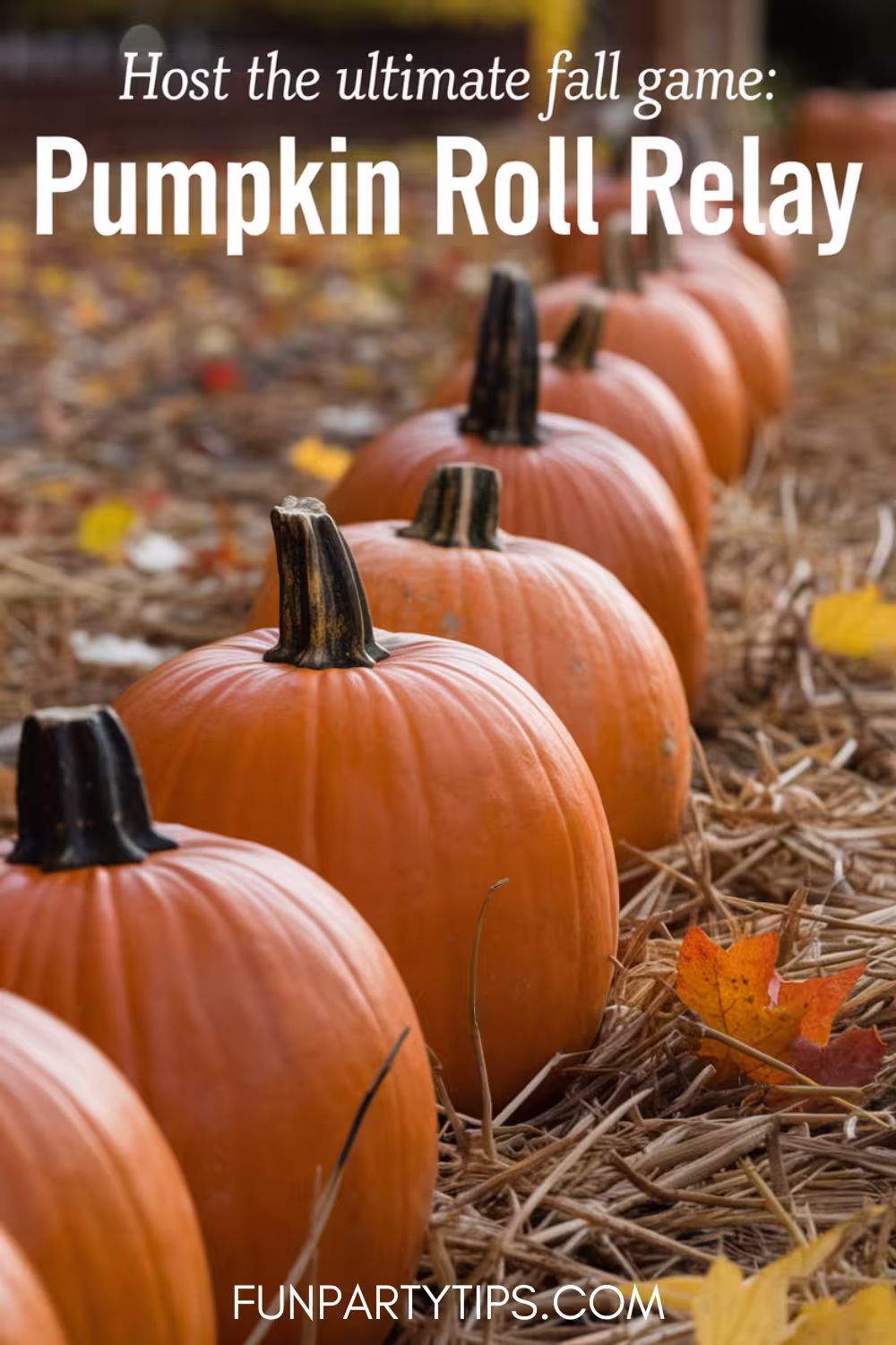 A-line-of-pumpkins-set-on-a-hay-lined-track-under-autumn-trees-readies-for-a-pumpkin-roll-relay,-illustrating-an-organized-fun-fall-game-that-is-accessible-and-enjoyable-for-all-ages.