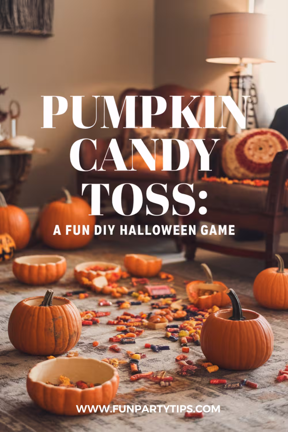 Pumpkin-candy-toss-setup-on-a-cozy-living-room-floor,-a-fun-and-easy-DIY-game-for-a-Halloween-gathering.