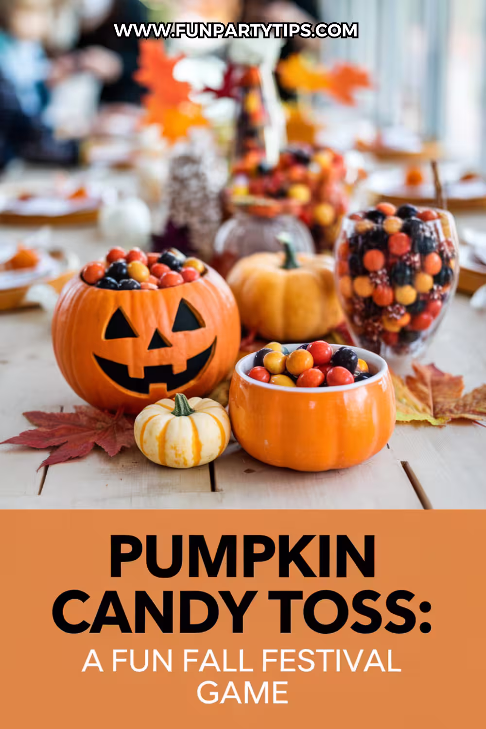 Carved-pumpkins-and-candy-filled-bowls-on-a-wooden-table,-creating-a-fun-DIY-and-easy-fall-game-for-Halloween-called-Pumpkin-Candy-Toss