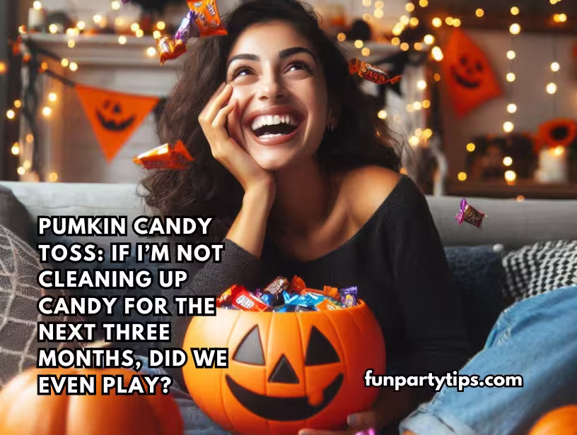  Woman-laughing-on-the-phone,-surrounded-by-Halloween-decorations-and-a-pumpkin-filled-with-candy,-highlighting-a-fun-game-for-Halloween-called-Pumpkin-Candy-Toss