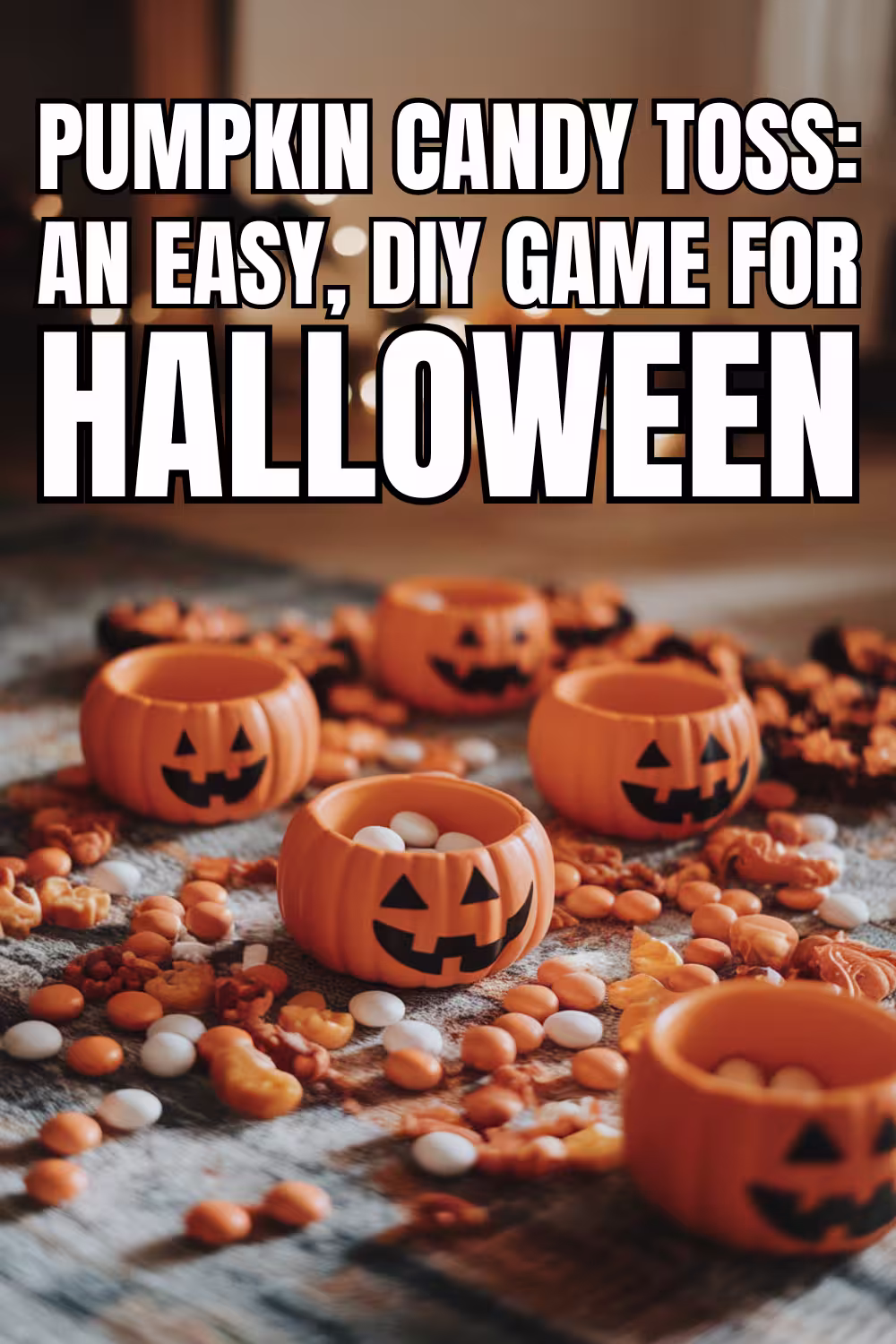 Small-pumpkin-bowls-filled-with-candies-on-a-rug,-ready-for-an-easy-and-fun-DIY-Halloween-candy-toss-game.