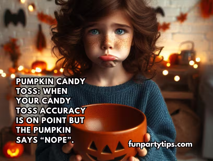 Sad-little-girl-is-sad-because-she-keeps-losing-Pumpkin-Candy-Toss-holding-an-empty-candy-bowl,-with-Halloween-decorations-in-the-background