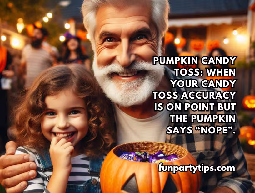 Happy-grandfather-and-granddaughter-at-a-Halloween-event,-with-a-pumpkin-bowl-of-candies,-illustrating-a-fun-fall-game-called-pumpkin-candy-toss