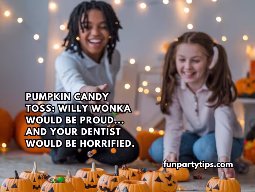 Two-children-laughing-and-playing-a-pumpkin-candy-toss-game,-surrounded-by-pumpkins-and-Halloween-lights,-perfect-for-family-Halloween-fun.