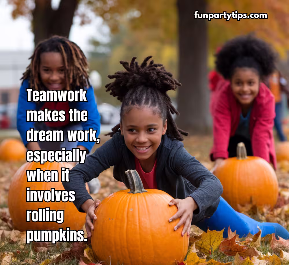Three-young-girls-push-pumpkins-across-a-grassy-field-in-a-relay-race,-showing-teamwork-and-active-participation-in-the-pumpkin-roll-relay,-a-fun-fall-game-that-is-perfect-for-all-ages.