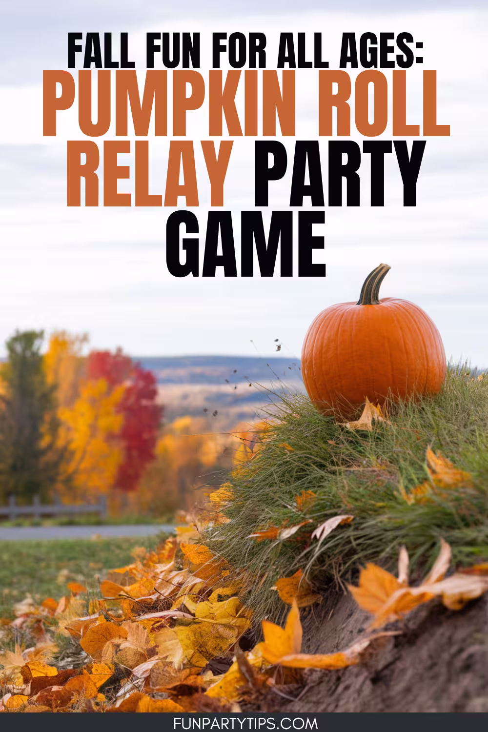  A-pumpkin-rolls-down-a-hill-with-autumn-leaves-and-a-forest-background,-symbolizing-the-dynamic-and-energetic-nature-of-the-pumpkin-roll-relay,-a-fun-fall-game-that-brings-together-people-of-all-ages.