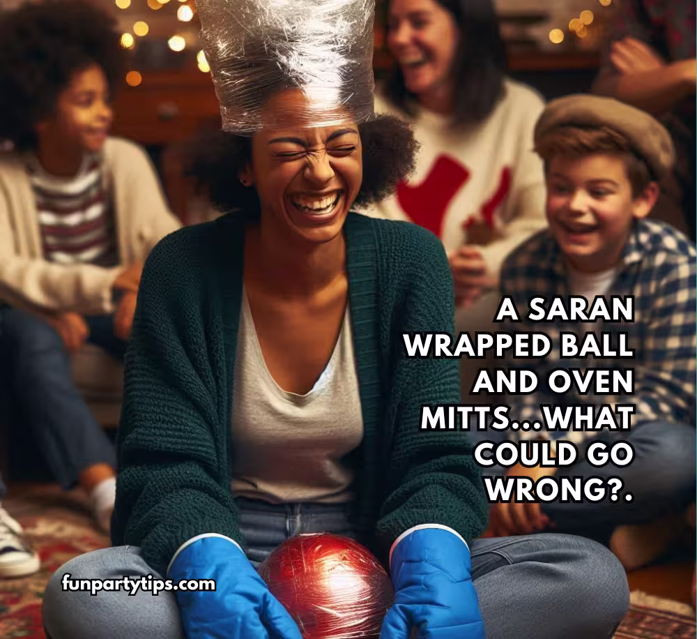 A-young-woman-with-a-giant-Saran-Wrap-ball-on-her-head,-wearing-oven-mitts,-laughs-hysterically-surrounded-by-cheering-friends,-a-fun-Christmas-game-for-a-large-group.