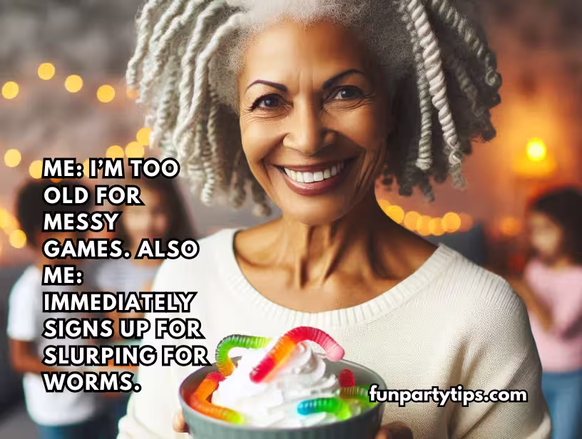 An-elderly-woman-with-grey-hair-smiling-holding-a-bowl-of-whipped-cream-and-gummy-worms,-demonstrating-her-enthusiasm-for-the-game-"Slurping-for-Worms."