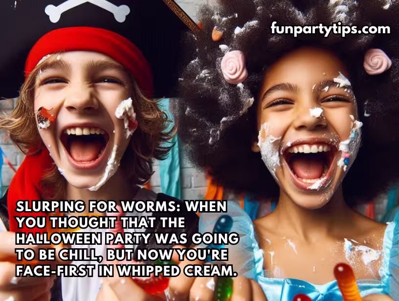 Two-children-at-a-Halloween-party,-covered-in-whipped-cream-and-smiling-broadly.-A-boy-in-a-pirate-costume-and-a-girl-in-a-fairy-outfit-laugh-as-they-play-the-"Slurping-for-Worms"-game,-highlighting-the-unexpected-messiness-and-fun-of-the-evening.