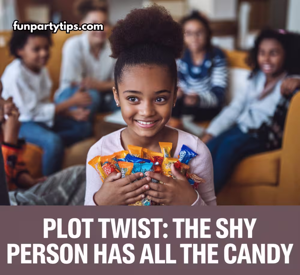 A-shy-girl-smiling-while-holding-a-huge-pile-of-candy-in-her-arms-during-The-Great-Candy-Pass-Game-icebreaker.-Friends-in-the-background-watch-with-amused-expressions.-Text-says-"Plot-Twist:-The-Shy-Person-Has-All-The-Candy."-Fun-and-surprising.