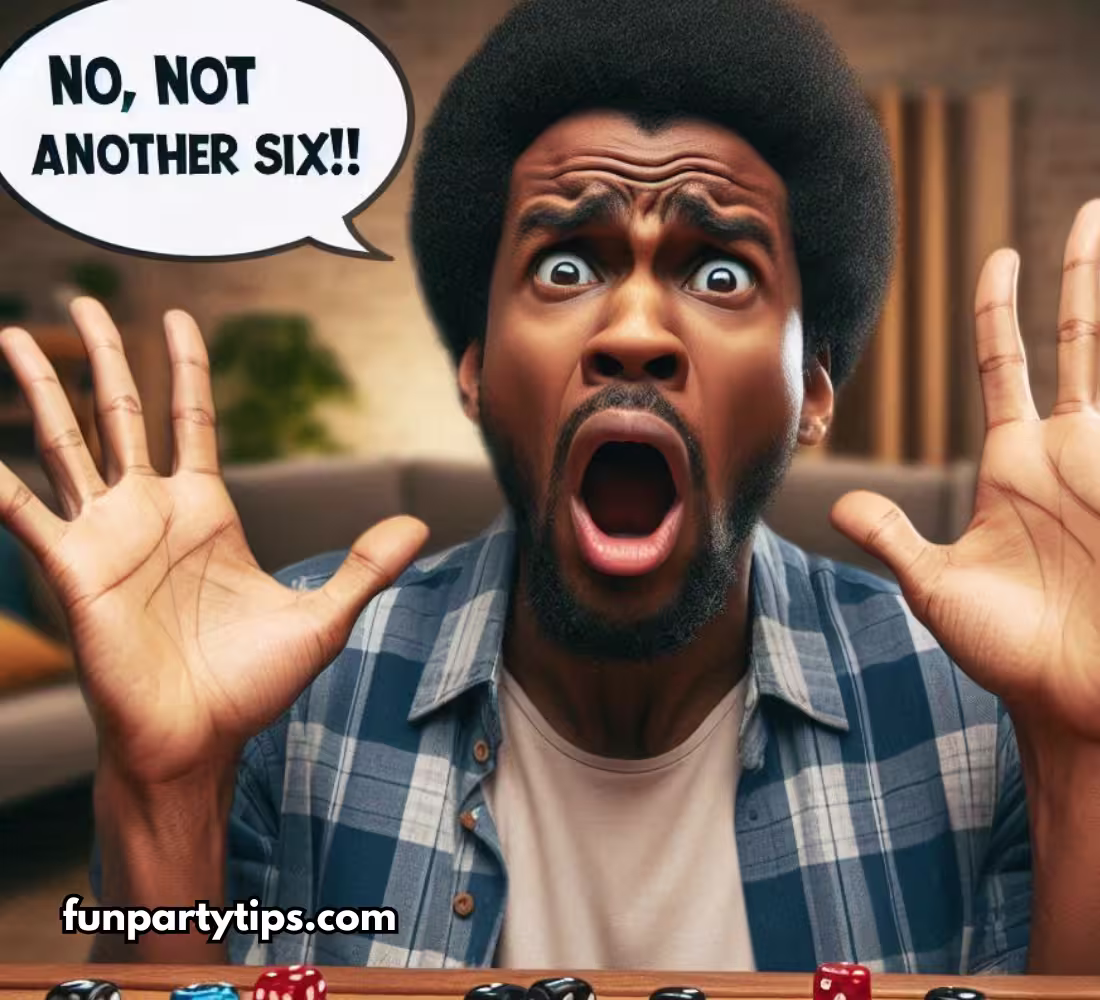 A-man-has-an-exaggerated-expression-holding-up-his-hands-and-yelling-"No-six"-as-he-rolls-the-dice-in-a-lively-Nix-the-Six-family-game-night.