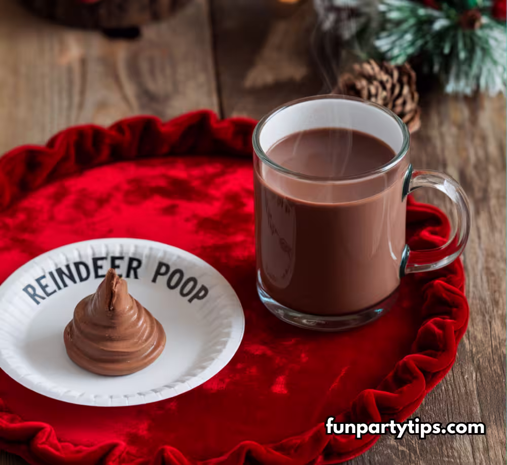 A-paper-plate-labeled-Reindeer-Poop-with-a-chocolate-treat-beside-a-steaming-mug-of-hot-chocolate-on-a-red-fabric-background.