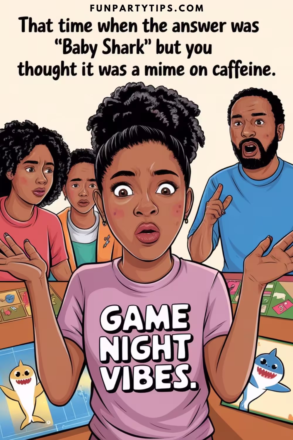 A-group-of-family-members-playing-charades-during-a-lively-party. The-central-character,-wearing-a-"Game-Night-Vibes"-shirt,-has-an-exaggerated-expression-of-shock,-with-others-in-the-background-reacting-to-the-clue-misinterpretation.