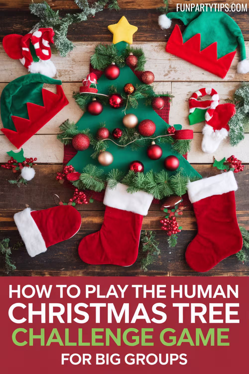 Elf-hats-stockings-and-decorations-arranged-on-a-wooden-surface-for-the-human-christmas-tree-challenge-game.