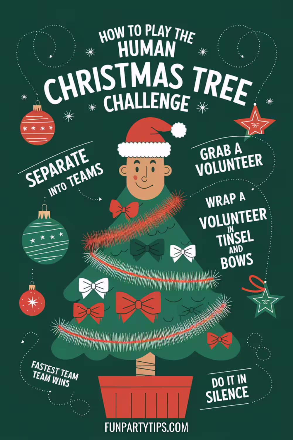 Cartoon-style-human-christmas-tree-decorated-with-tinsel-and-bows-instructions-for-a-youth-group-game.