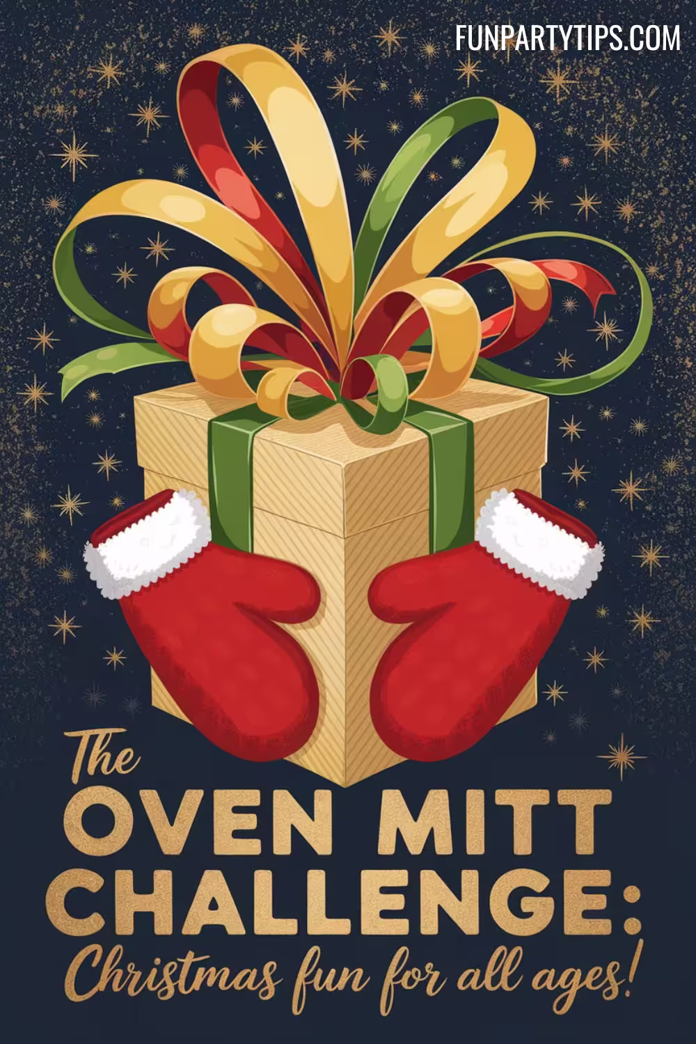 A-festive-gift-box-decorated-with-red-and-green-bows-and-topped-with-red-oven-mitts-against-a-sparkling-background.-The-text-reads-"The-Oven-Mitt-Challenge:-Christmas-fun-for-all-ages."-oven-mitt-christmas-game.