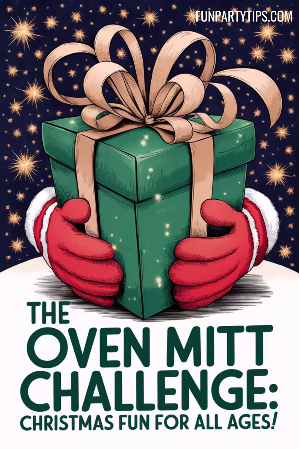 A-festive-gift-box-decorated-with-red-and-green-bows-and-topped-with-red-oven-mitts-against-a-sparkling-background.-The-text-reads-"The-Oven-Mitt-Challenge:-Christmas-fun-for-all-ages."-oven-mitt-christmas-game.