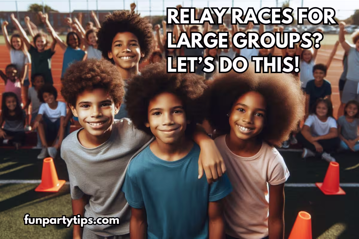 Smiling-kids-on-a-track-field-ready-for-relay-race-games-for-large-groups - A group of cheerful children standing together on a track field, surrounded by cones and a large crowd, excited for relay race games for large groups.