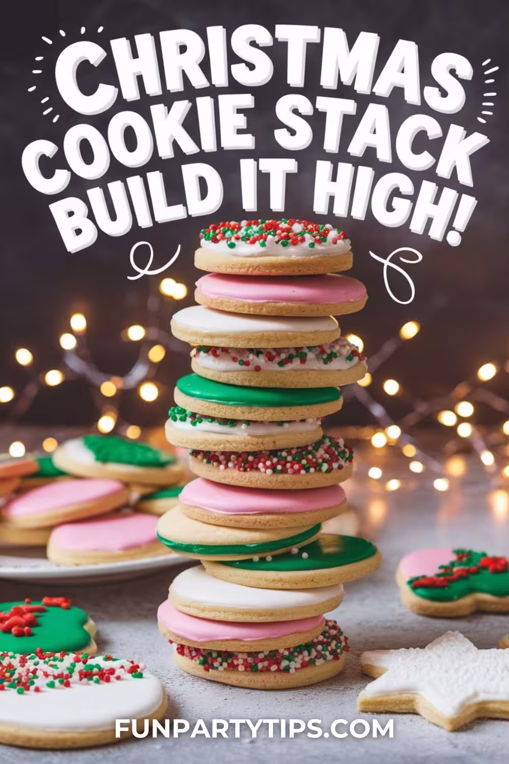 A-tower-of-colorfully-frosted-Christmas-cookies-stacked-high-against-a-string-of-lights-perfect-for-Christmas-minute-to-win-it-games-with-a-sweet-twist.