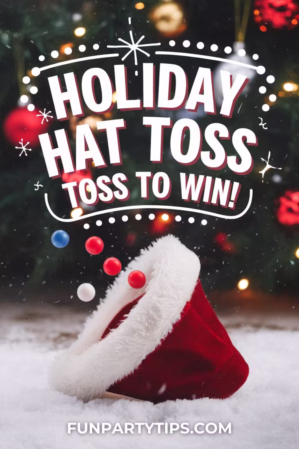 A-red-Santa-hat-tossed-onto-snow-with-red-and-white-ping-pong-balls-perfect-for-Christmas-minute-to-win-it-games-with-a-holiday-twist.
