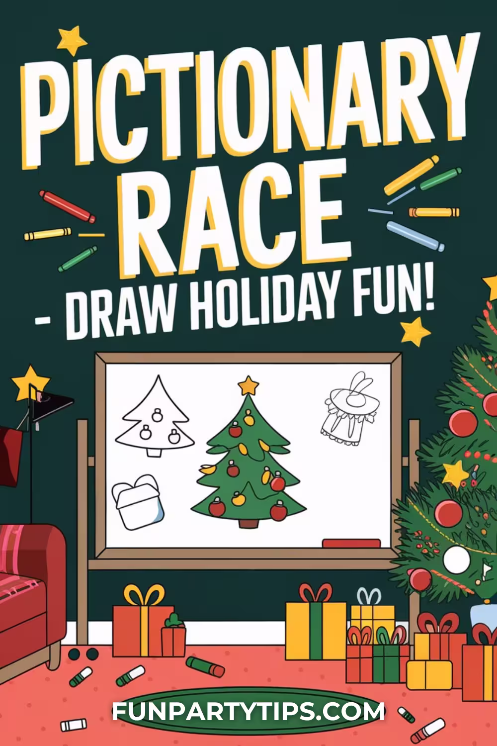 A-whiteboard-with-drawn-Christmas-images-like-a-tree-and-gifts-perfect-for-Christmas-minute-to-win-it-games-like-Pictionary-race.