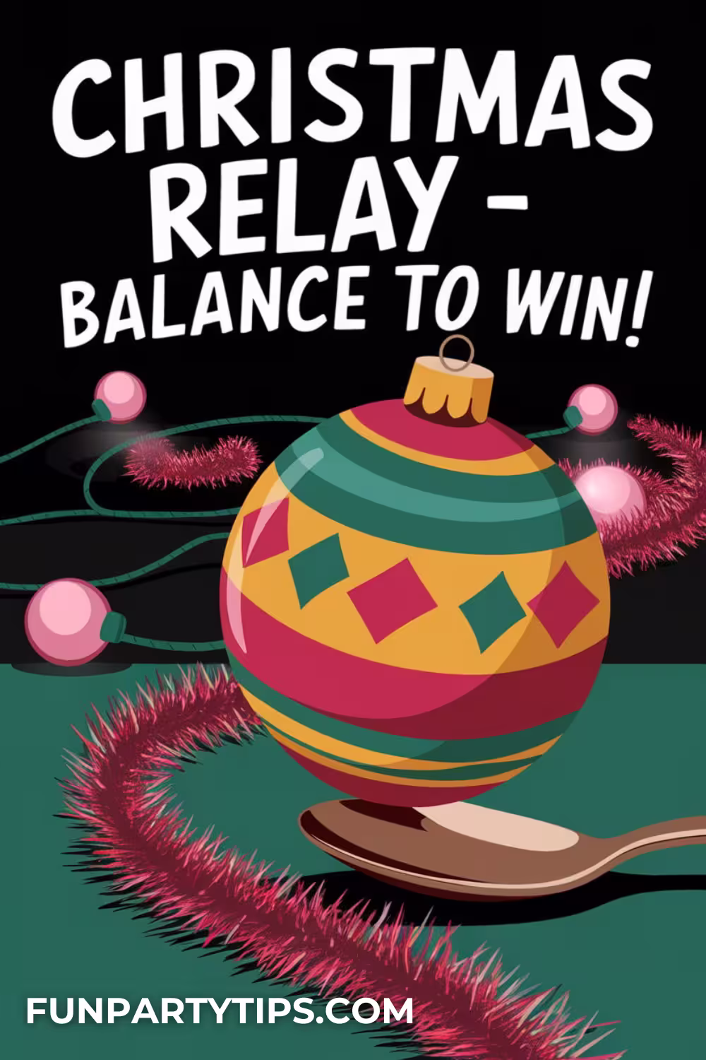 A-colorful-ornament-balanced-on-a-spoon-surrounded-by-tinsel-ready-for-Christmas-minute-to-win-it-games-focused-on-balance.
