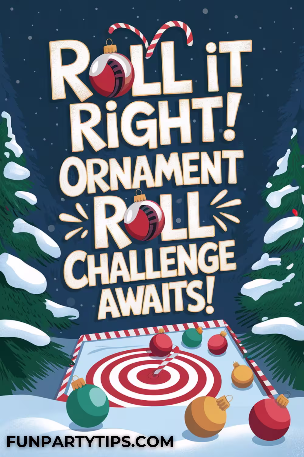 Christmas-tree-ornaments-rolled-towards-a-target-surrounded-by-candy-canes-perfect-for-Christmas-minute-to-win-it-games-with-a-competitive-spin.