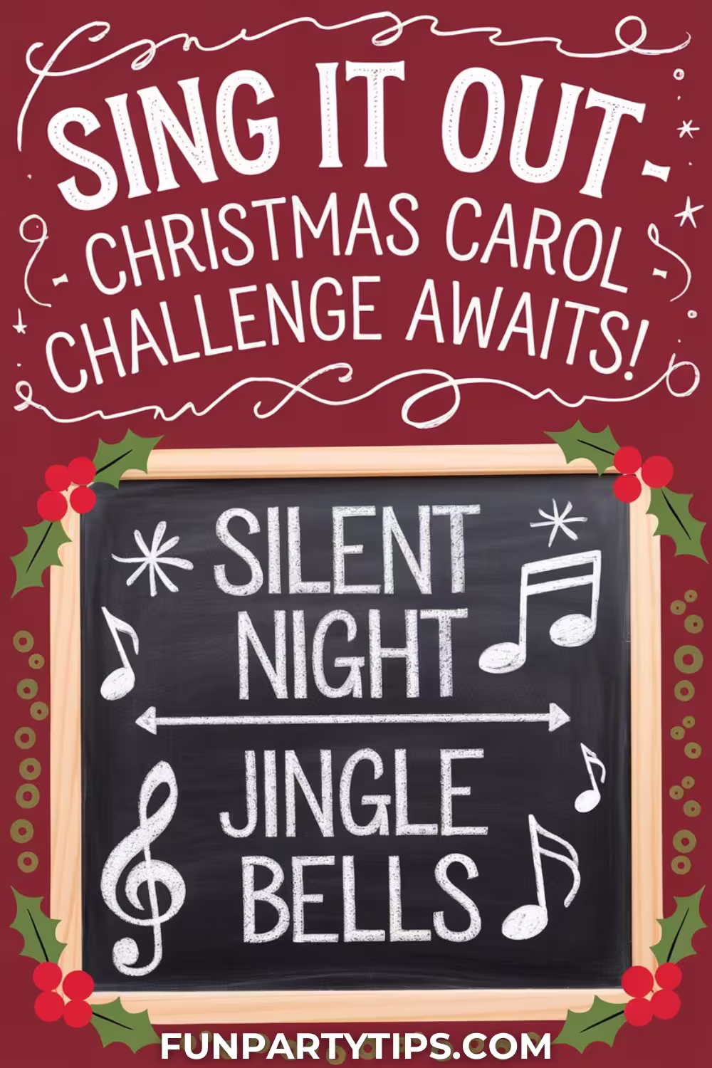 A-chalkboard-lists-Christmas-carols-like-Silent-Night-and-Jingle-Bells-surrounded-by-holiday-decor-perfect-for-Christmas-minute-to-win-it-games-that-sing.