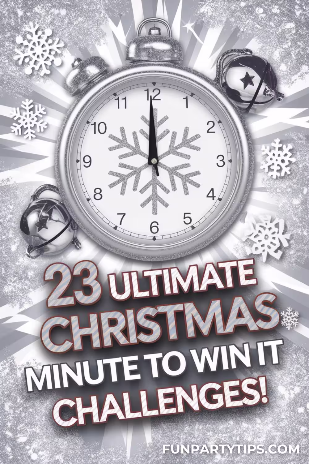 -silver-clock-with-a-snowflake-on-the-face-surrounded-by-snowflakes-and-jingle-bells-highlighted-for-23-ultimate-Christmas-minute-to-win-it-games.