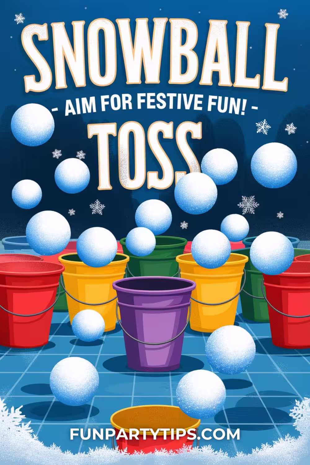 Snowballs-are-being-tossed-into-colorful-buckets-on-a-blue-background-perfect-for-Christmas-minute-to-win-it-games-that-bring-festive-fun.