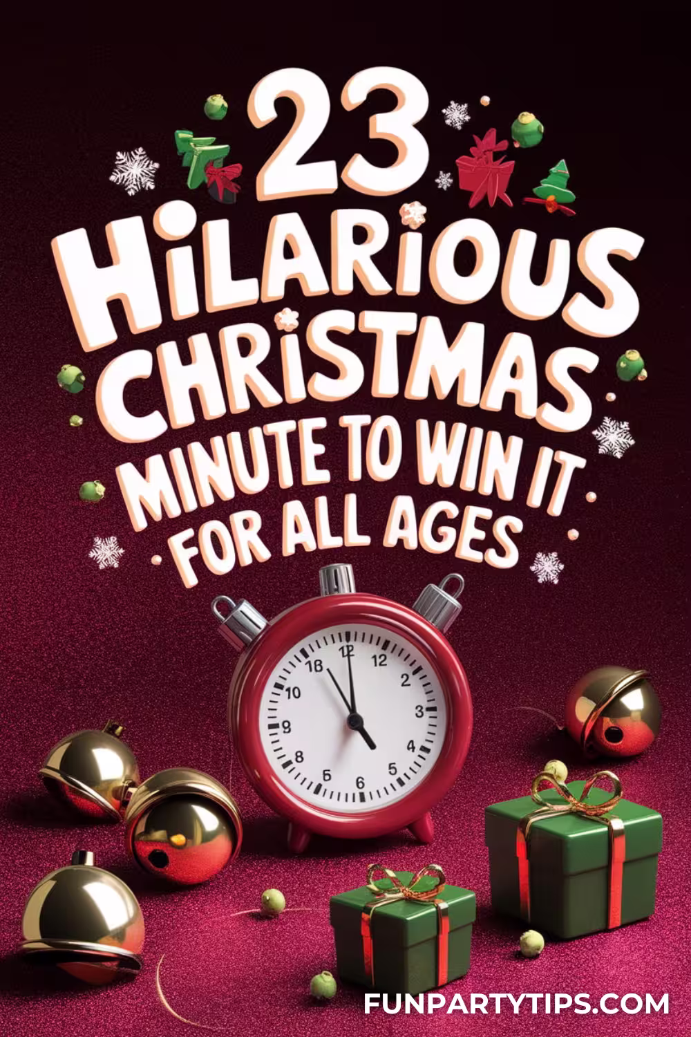 A-red-clock-surrounded-by-gold-bells-and-green-wrapped-gifts-on-a-sparkly-background-perfect-for-23-hilarious-Christmas-minute-to-win-it-games.