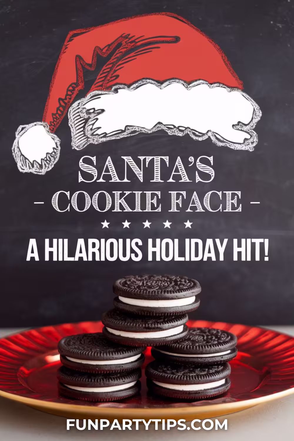 A-stack-of-Oreo-cookies-on-a-red-plate-with-a-Santa-hat-background-perfect-for-Christmas-minute-to-win-it-games-with-a-hilarious-twist.