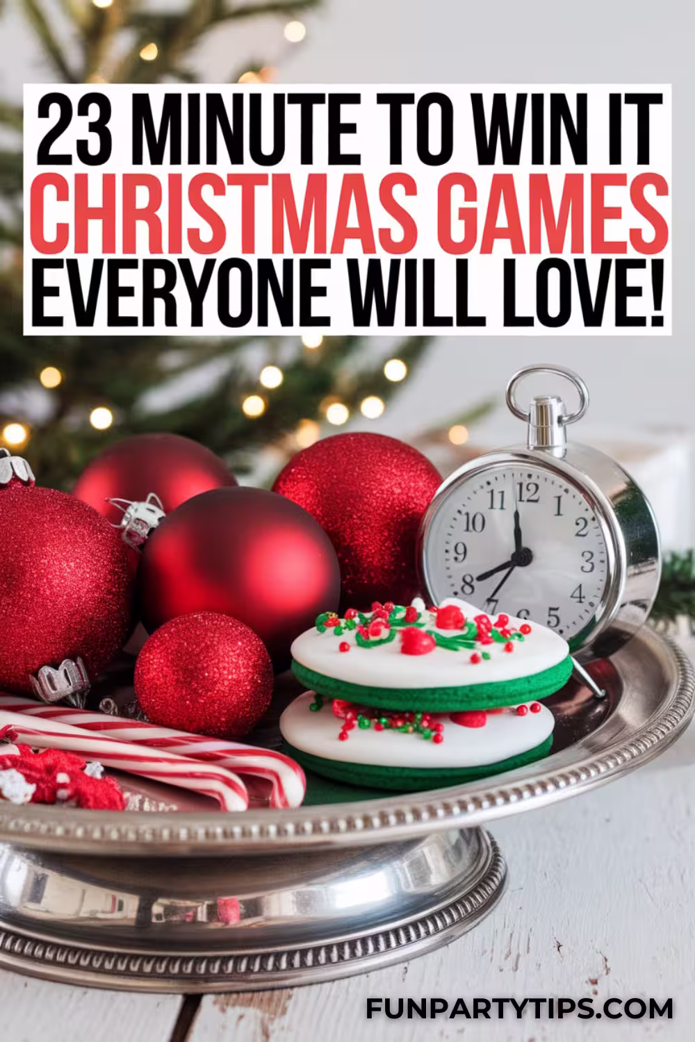 A-decorative-tray-with-red-ornaments-candy-canes-and-frosted-cookies-next-to-a-silver-clock-perfect-for-23-minute-to-win-it-Christmas-games-everyone-will-love.
