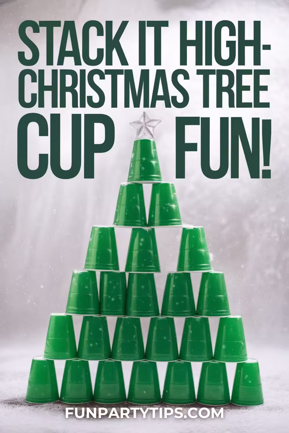 Green-plastic-cups-stacked-in-a-Christmas-tree-shape-on-a-snowy-background-ideal-for-Christmas-minute-to-win-it-games-with-a-competitive-touch.