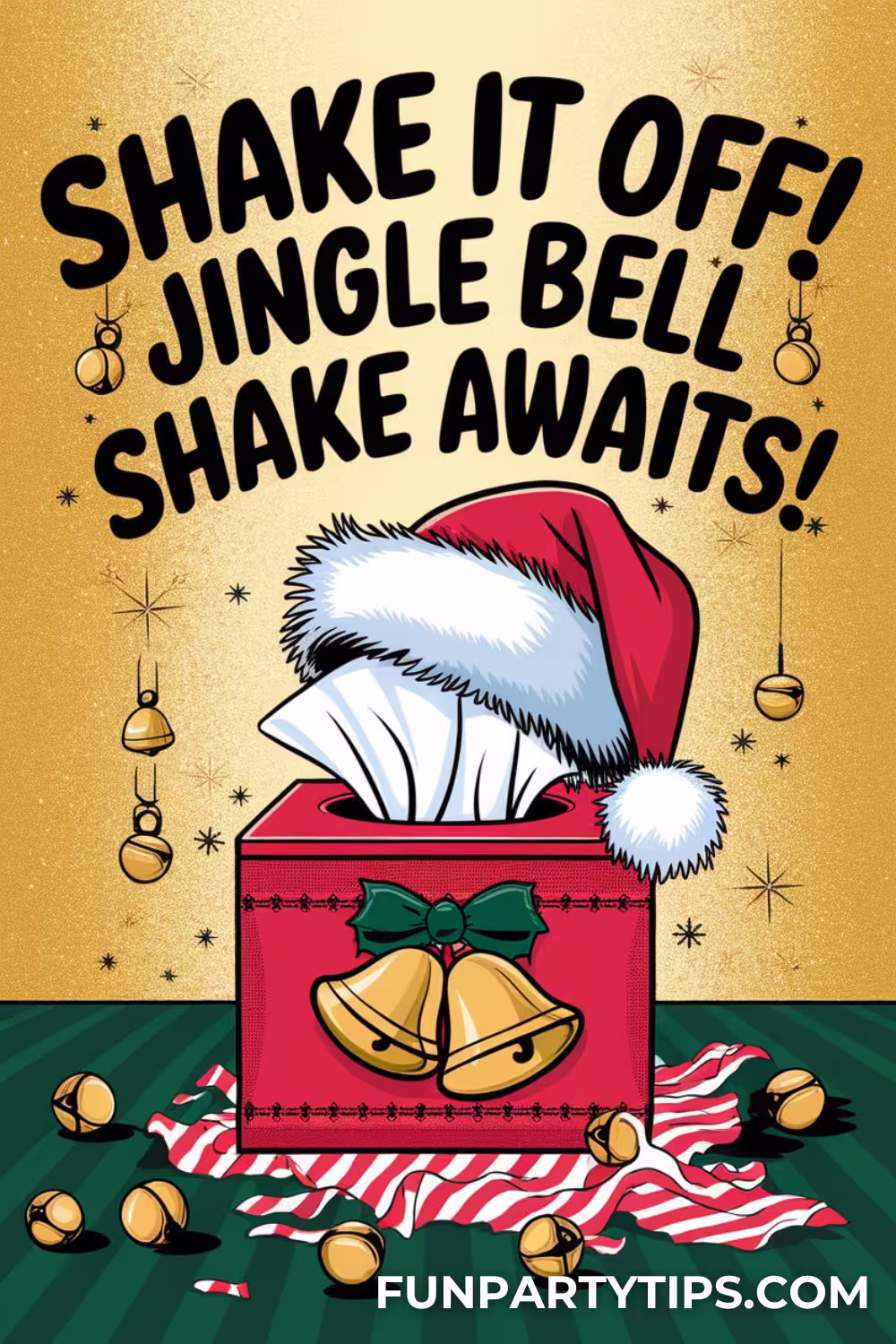 A-red-box-decorated-with-bells-and-a-Santa-hat-surrounded-by-jingle-bells-showcasing-Christmas-minute-to-win-it-games-with-a-shake-it-up-theme.