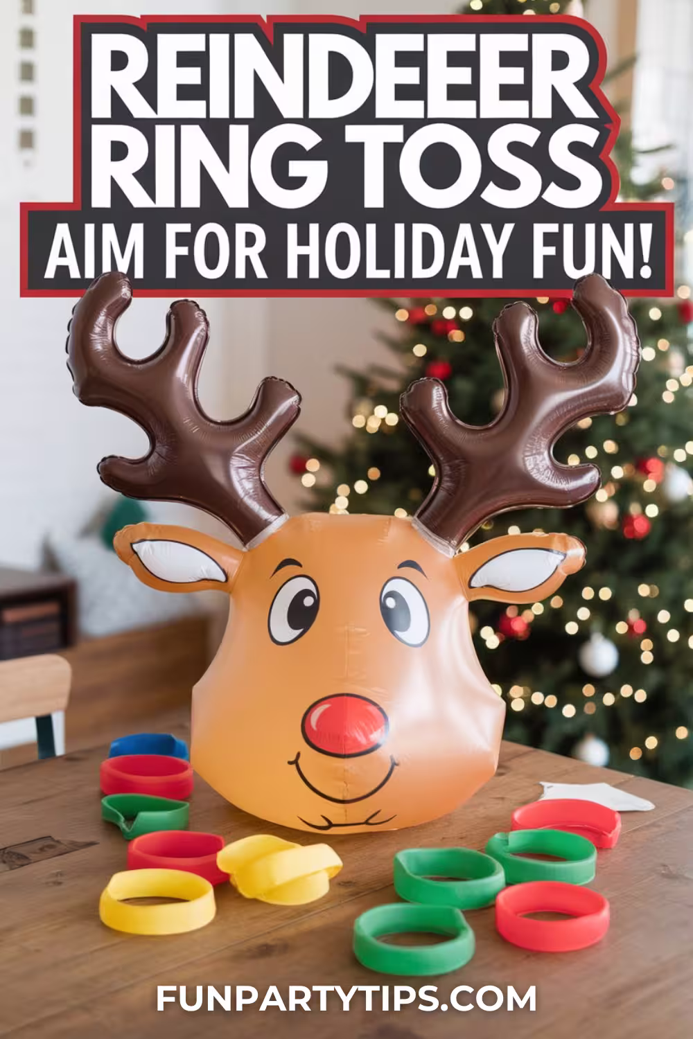 An-inflatable-reindeer-head-surrounded-by-colorful-rings-on-a-table-ready-for-Christmas-minute-to-win-it-games-with-a-ring-toss-challenge.