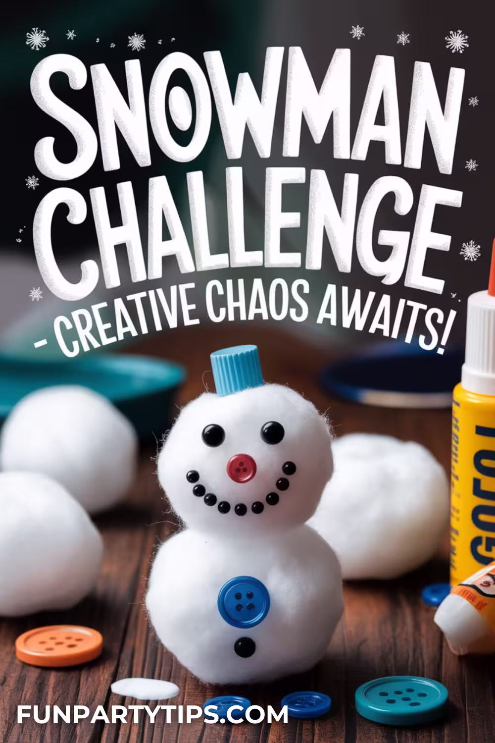 A-crafty-cotton-ball-snowman-with-buttons-and-glue-on-a-wooden-table-highlighting-Christmas-minute-to-win-it-games-that-spark-creativity.