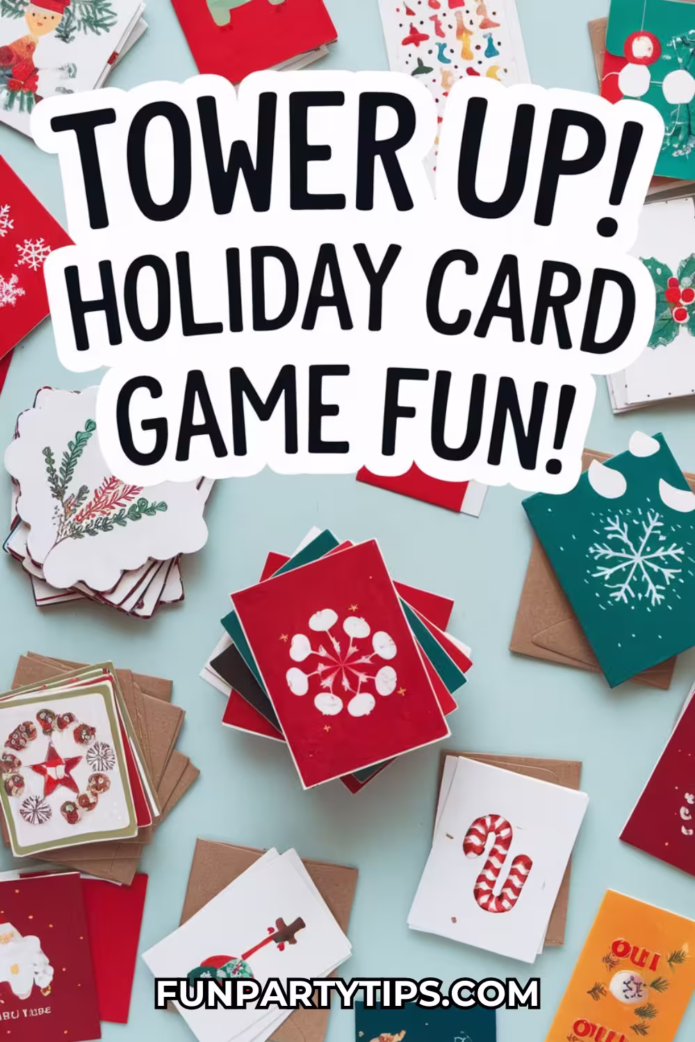 Holiday-cards-stacked-and-spread-out-on-a-table-ready-for-Christmas-minute-to-win-it-games-with-a-card-stacking-challenge.