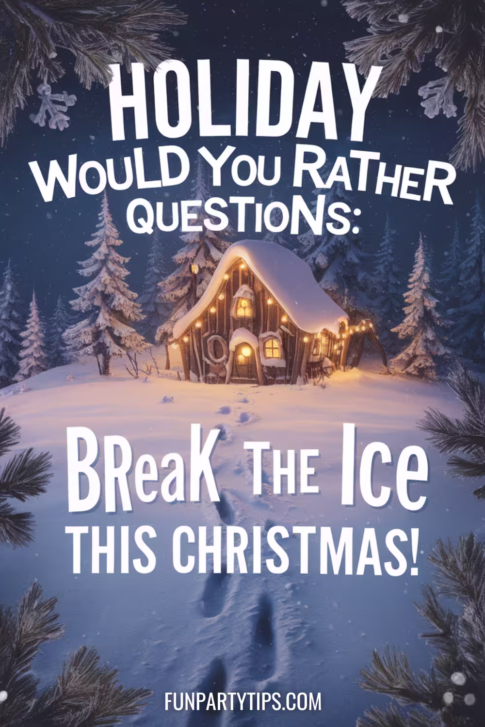 A-snowy-winter-cabin-scene-at-night-with-glowing-lights-surrounded-by-pine-trees-labeled-"Holiday-Would-You-Rather-Questions-Break-the-Ice-This-Christmas."