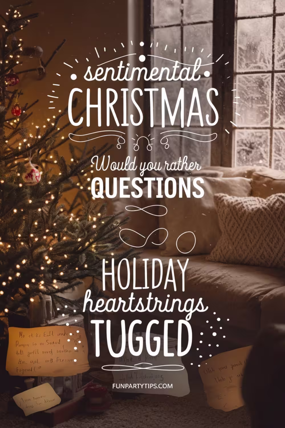 A cozy, sentimental Christmas scene with a glowing tree and couch, featuring elegant script text: "Sentimental Christmas Would You Rather Questions - Holiday Heartstrings Tugged."