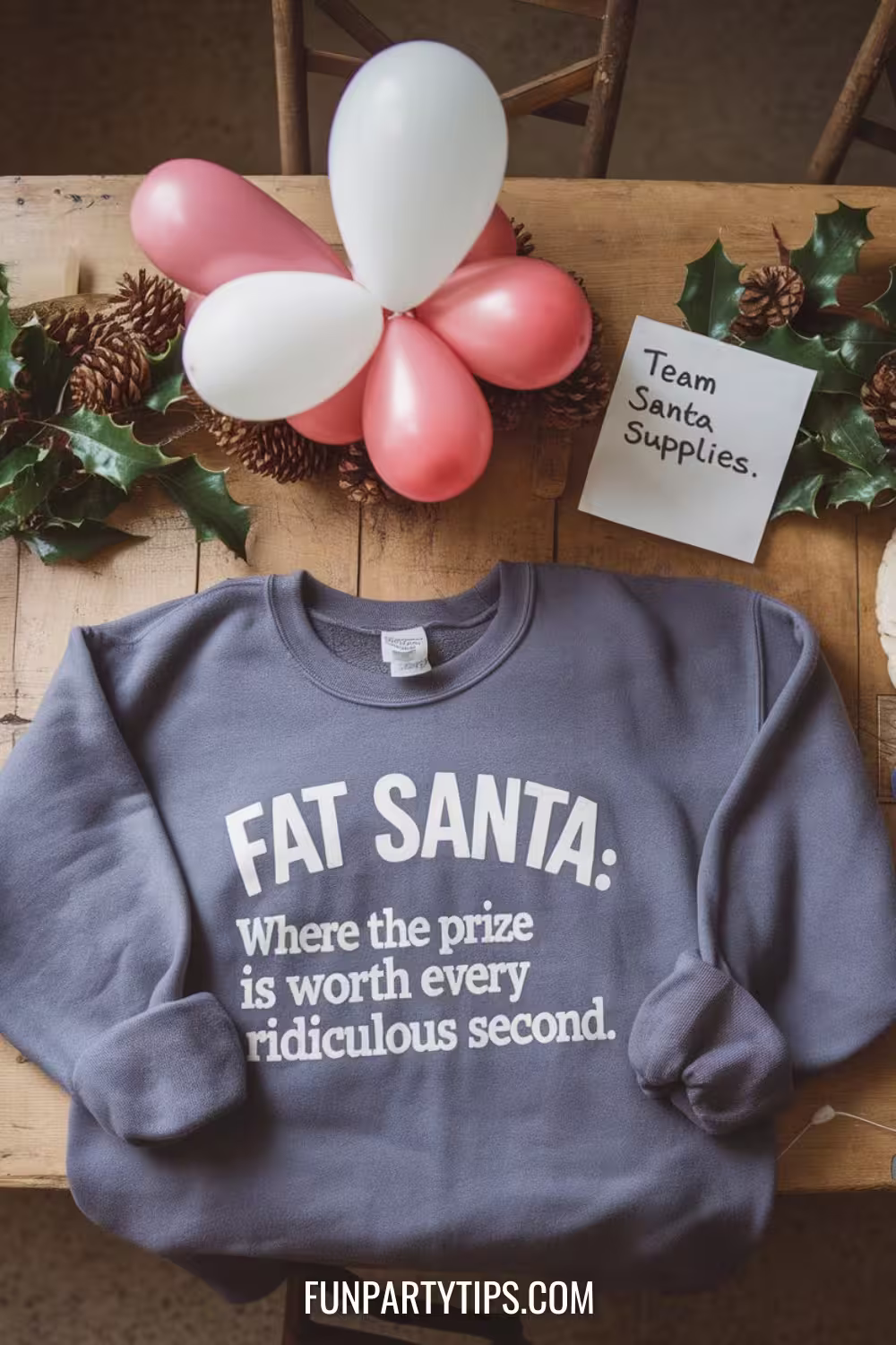 A-gray-sweatshirt-with-the-text-"Fat-Santa:-Where-the-prize-is-worth-every-ridiculous-second"-laying-on-a-wooden-table-surrounded-by-holly-and-pinecones.-Red-and-white-balloons-are-clustered-near-a-note-labeled-"Team-Santa-Supplies."-fat-santa-christmas-game.