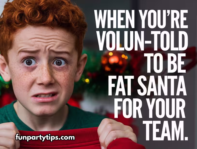 A-freckled-boy-with-red-hair-holding-a-sweatshirt-and-looking-worried-in-front-of-a-festive-Christmas-background-with-garland-and-ornaments.-The-text-reads-"When-you're-volun-told-to-be-Fat-Santa-for-your-team."-fat-santa-christmas-game.