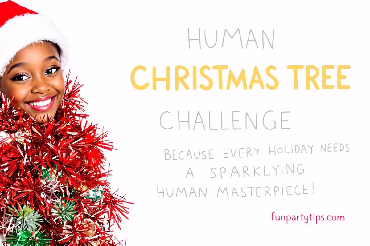 Smiling-girl-wearing-tinsel-like-a-scarf-and-santa-hat-promoting-the-human-christmas-tree-challenge-game.