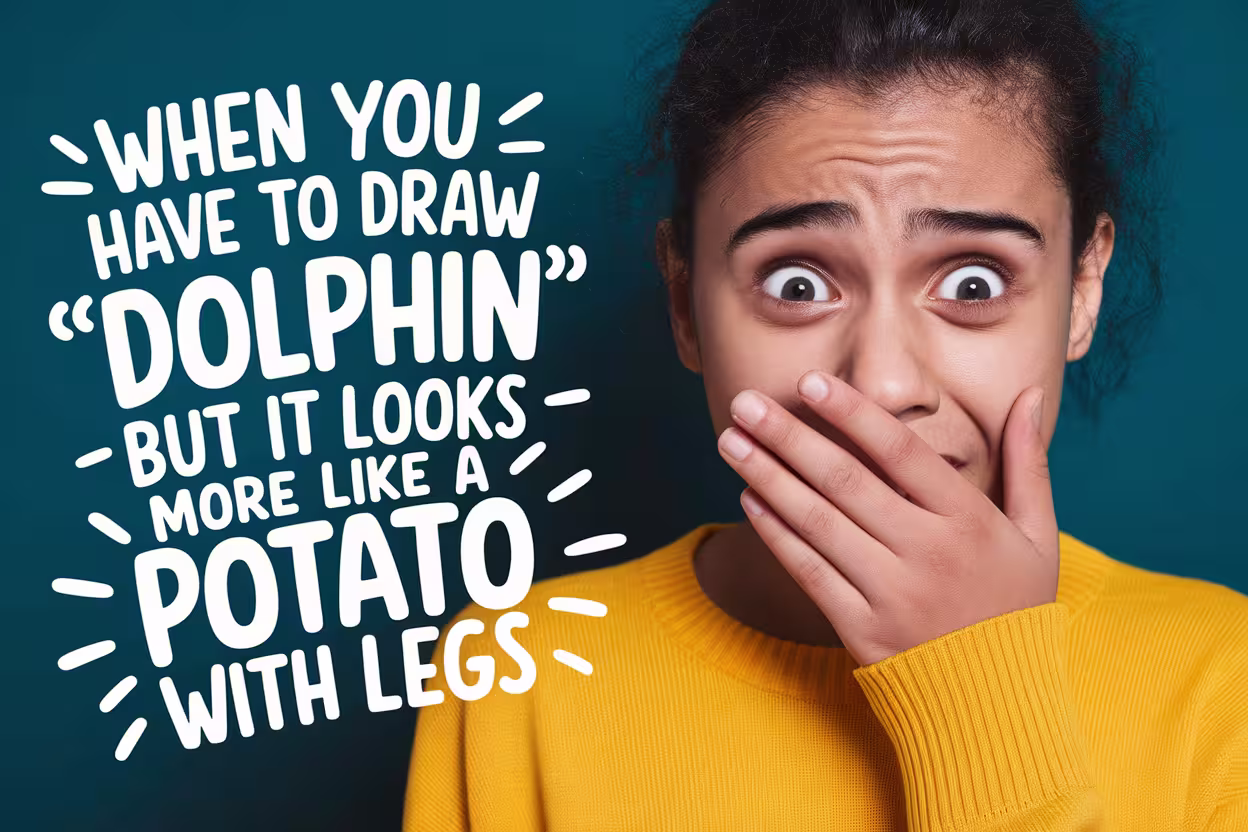 A-young-woman-in-a-yellow-sweater-covering-her-mouth-with-wide-eyes-during-a-party-game-of-charades. The-caption-reads-"When-you-have-to-draw-'Dolphin'-but-it-looks-more-like-a-potato-with-legs,"-adding-humor-to-this-family-game-night-moment.